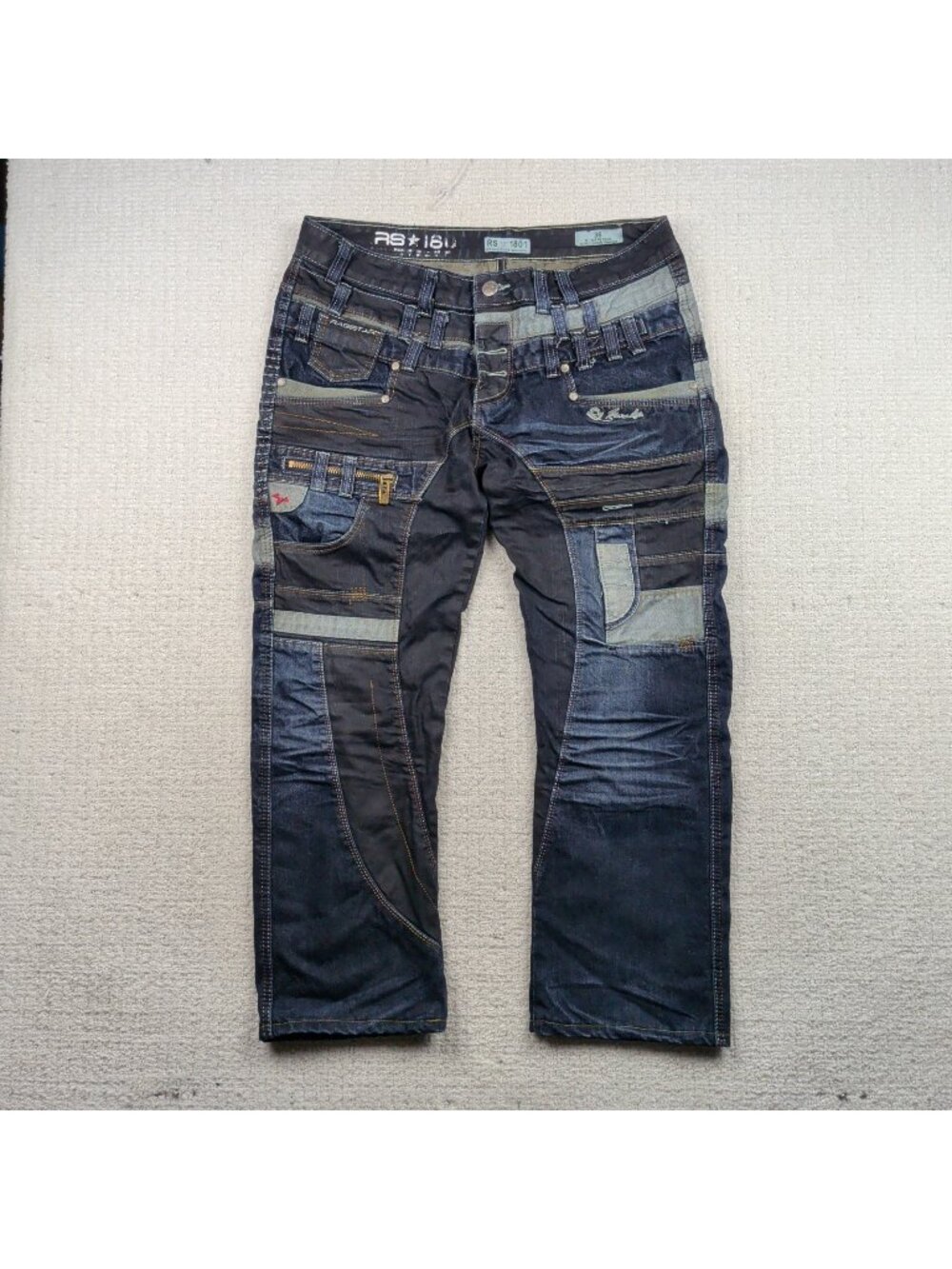 Y2K Jeans Denim Patchwork Men Sz 36 Moto Grunge Tech Edgy Japrag Style Japan